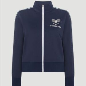 Wimbledon High Neck Zip Front Stripe Track Jacket in Navy Size M